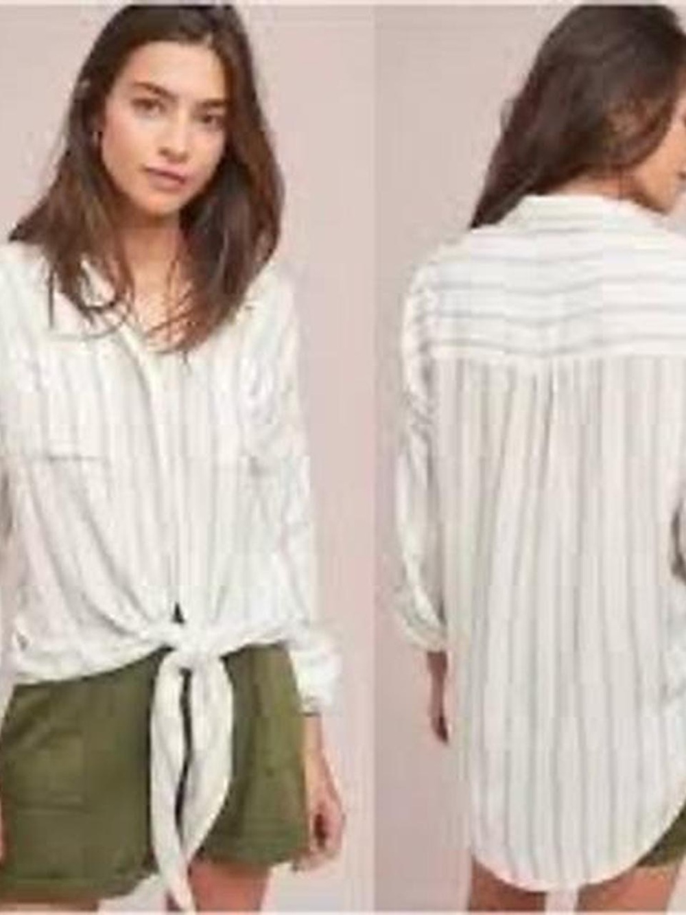 Anthropologie White Striped Tie-Front Button Down Top